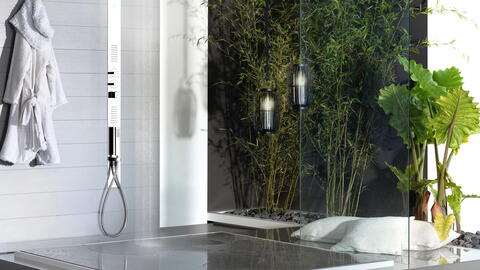 Badezimmer mit großen Grünpflanzen im Hintergrund