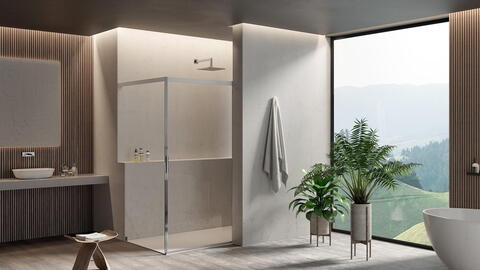 Luxuriöses Bad mit Pflanzen vor einer Fensterfront