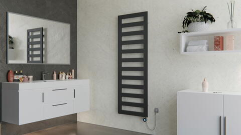 Grauer, stilvoller Heizkörper im Badezimmer