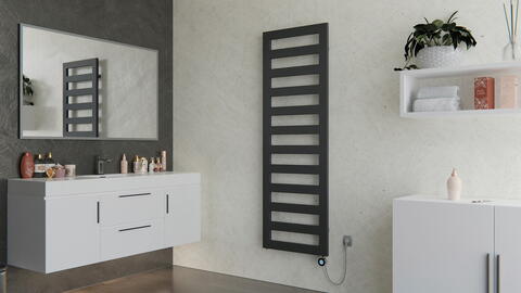 Eckige Möbel und Heizung im Bad