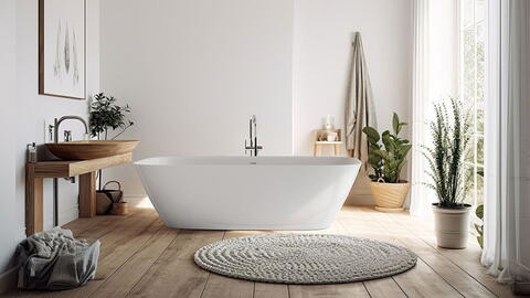 Flauschiger Teppich vor der Badewanne