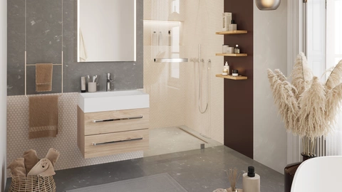 Unterschiedliche, helle Wandfarben im Badezimmer