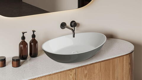 Waschbecken mit Japandi-Unterschrank in hellem Holz