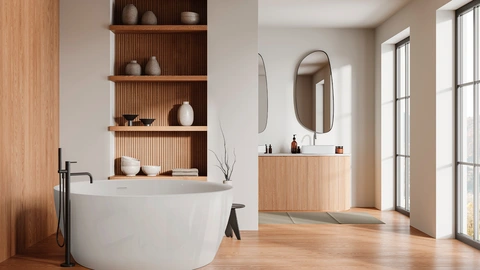 Badezimmer mit runder Badewanne, Holzelementen und abgerundeten Schränken und Spiegeln