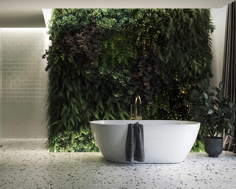 Grünes Badzimmer mit auffälligem Terrazzo-Boden